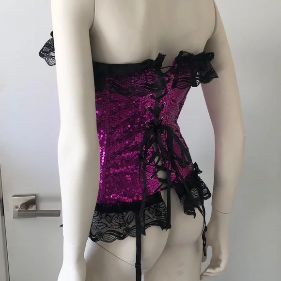 Magenta Sequin Over the Bust Lace Garter Corset - Picture 4 of 4